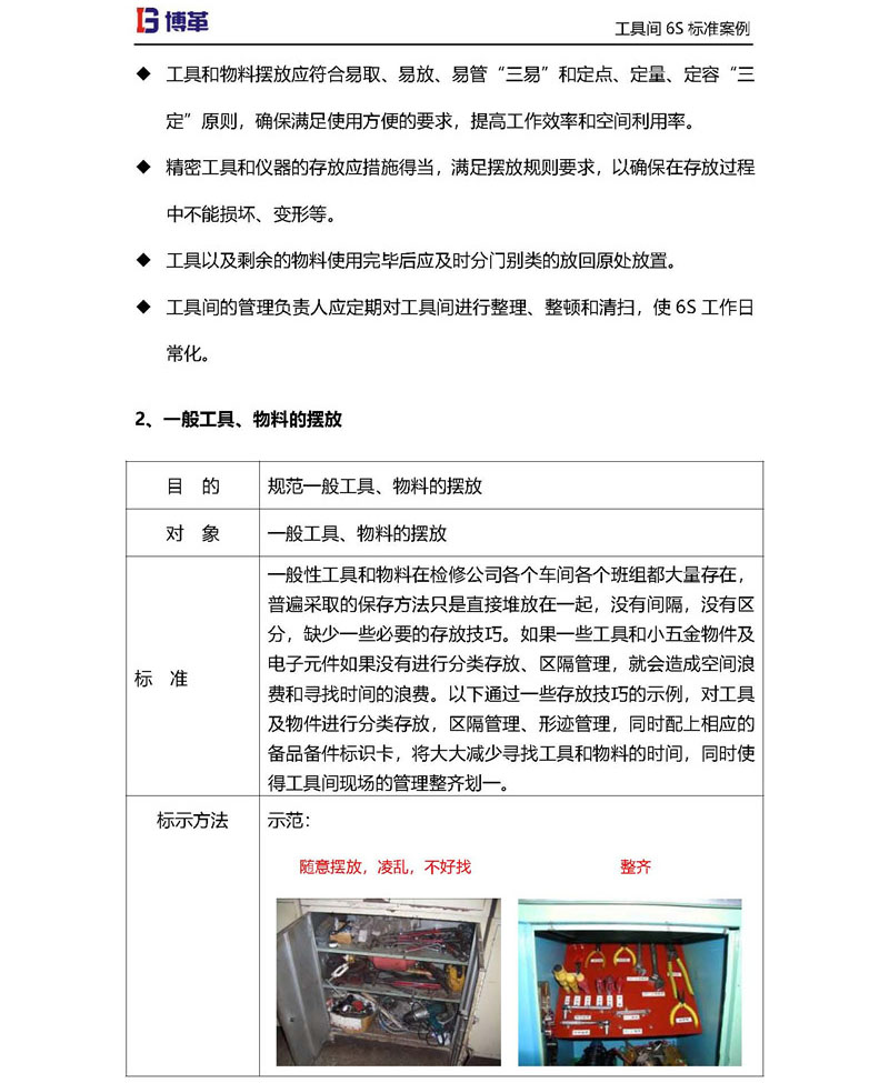 工具間一般工具，物料的擺放